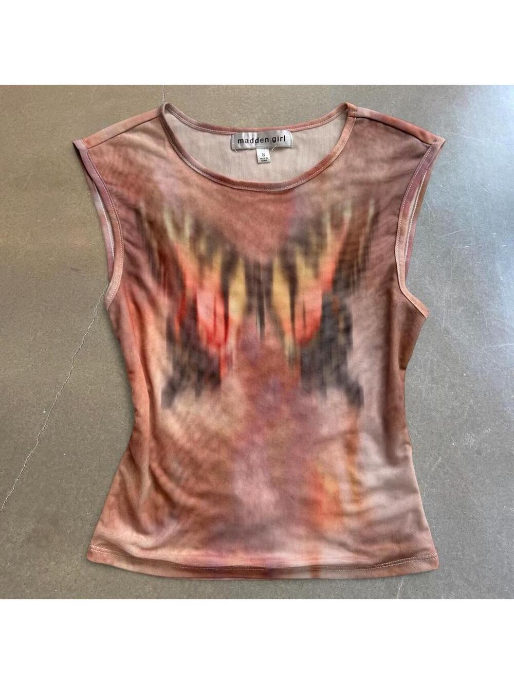 Y2K Madden Girl Abstract Mesh Sleeveless Top Brown Pink Size Small